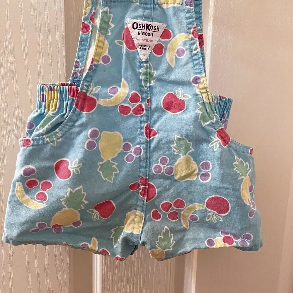 Vintage Oshkosh B'gosh Blue Fruit Shortalls Romper USA Girls Size 18 Months